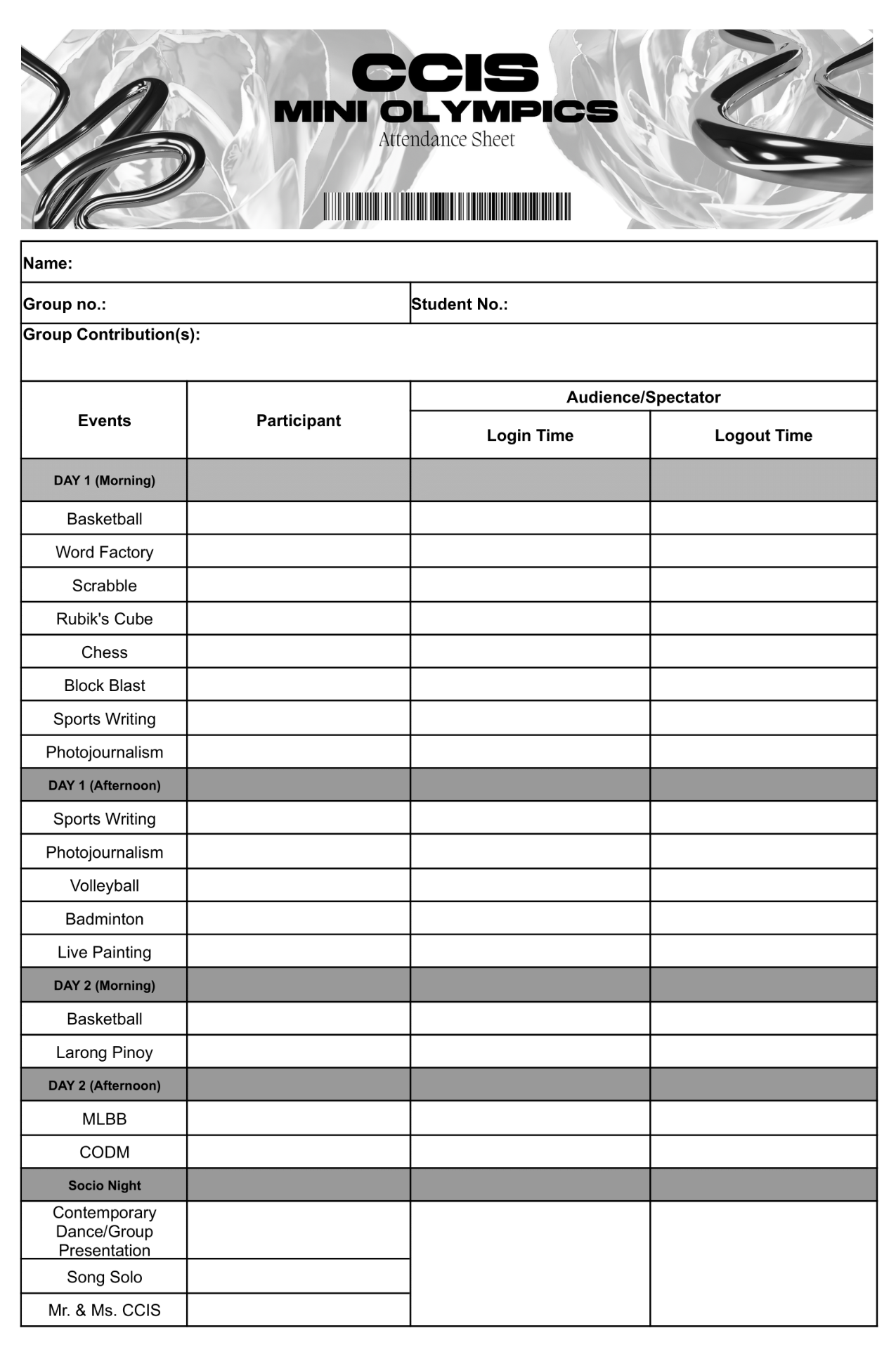 Attendance sheet layout